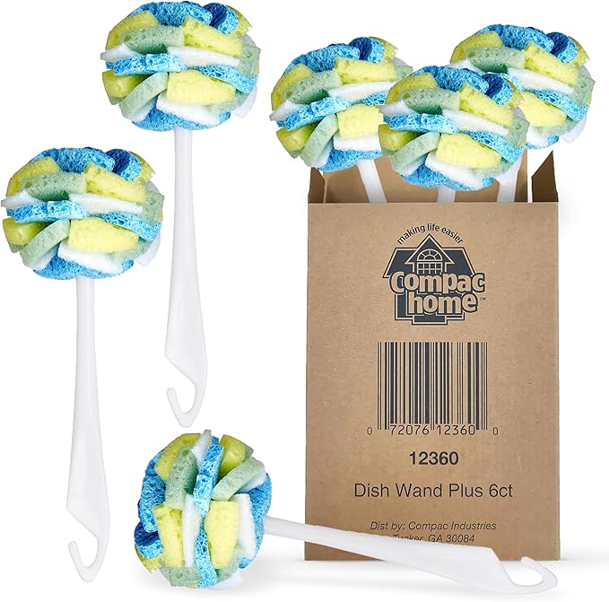 Compac Home Dish SpongeWand Plus Tri Surface Scrubbing Sponge with Cello Foam Scour Sponge Petals, Cleans Dishes, Glassware 360 Scrubber Pads for Tough to Clean Pots Pans, Multi-Color, (Pack of 6)