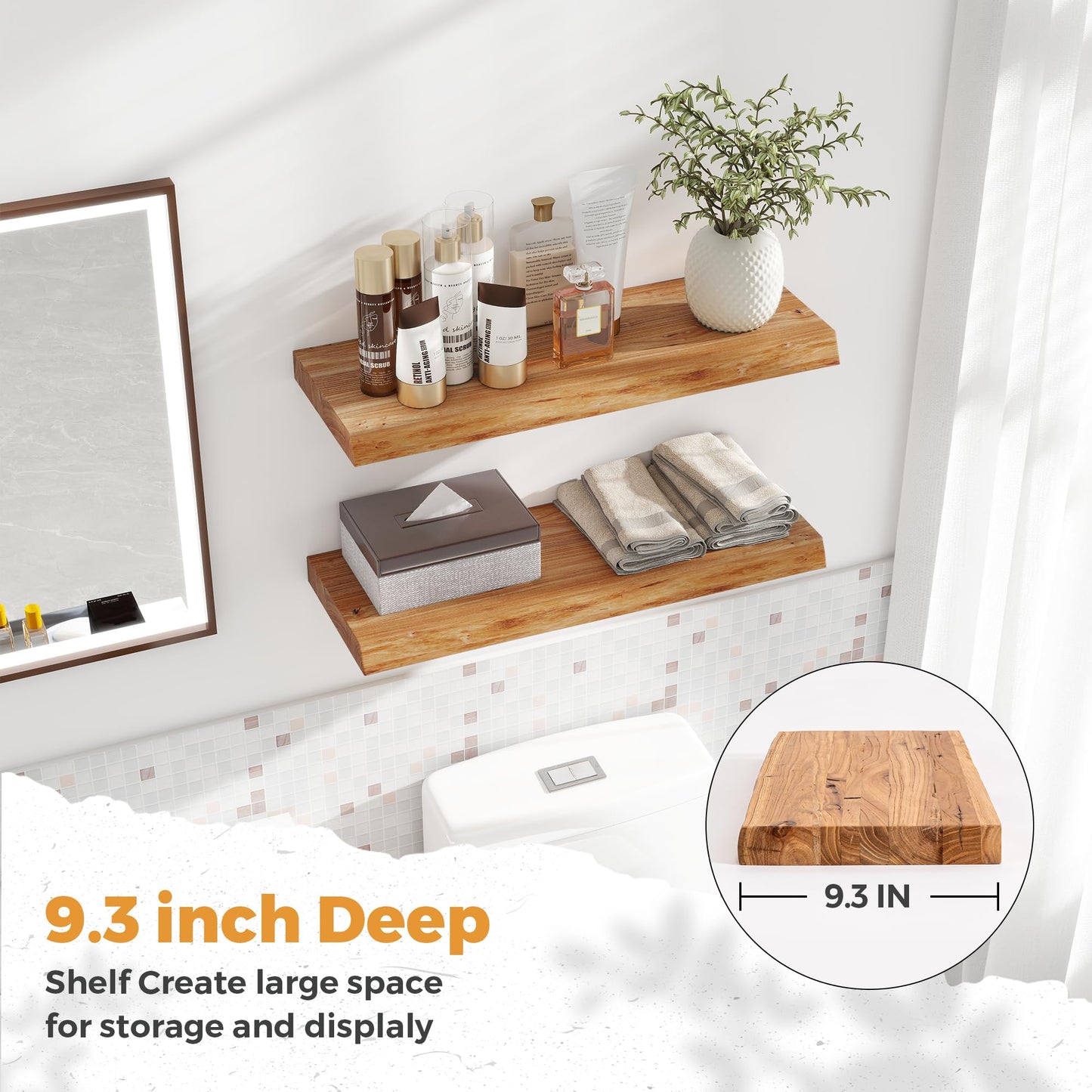 RICHFOCUS Live Edge Elm Floating Shelves - 24" W x 9.3" D Rustic Solid Wood Wall Shelves with Invisible Bracket, Wall-Mounted for Living Room, Bedroom, Kitchen Storage & Display, Set of 2, Natural