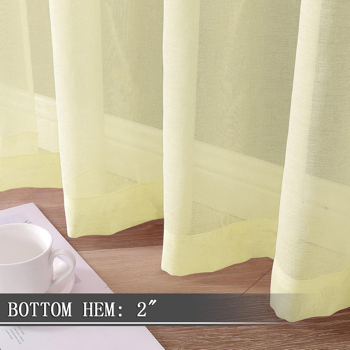 Tollpiz Short Sheer Tier Curtains Linen Textured Half Kitchen Curtain Sheers Light Filtering Rod Pocket Voile Small Curtain for Bathroom, 25 x 24 inches Long, Transparent Yellow, Set of 2 Panels