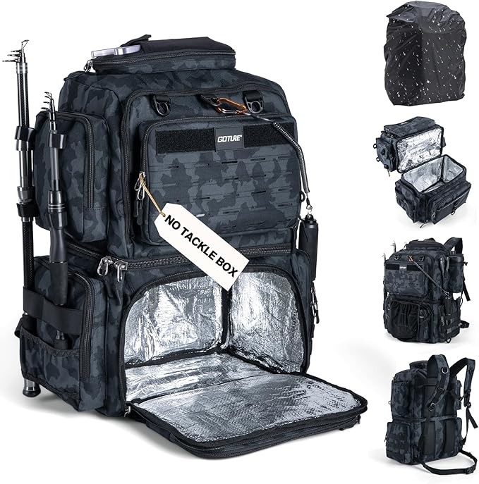 Goture Fishing Backpack, 78L 600D Water-Resistant Insulated Tackle Backpack with Cooler, Rod Holders, 8 Lure Pockets, Rain Cover, Gear Storage Large Fishing Bag for Camping Hiking(Without Tackle Box)