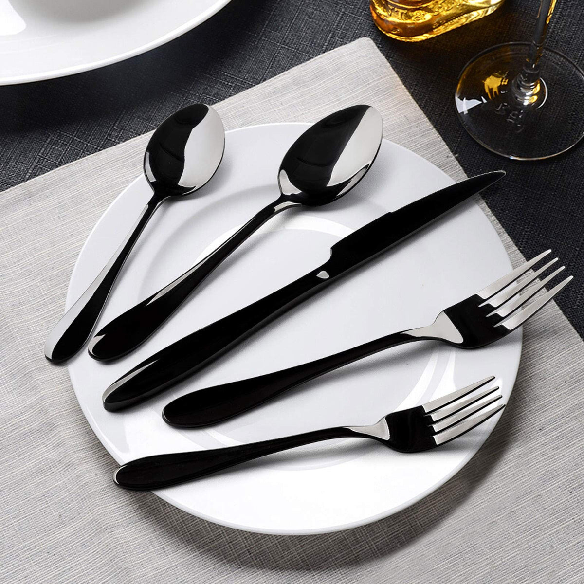 E-far Silverware Set, 20-Piece Black Stainless Steel Flatware Utensil Set, Include Knife/Spoon/Fork, Mirror Polished, Dishwasher Safe - Service for 4