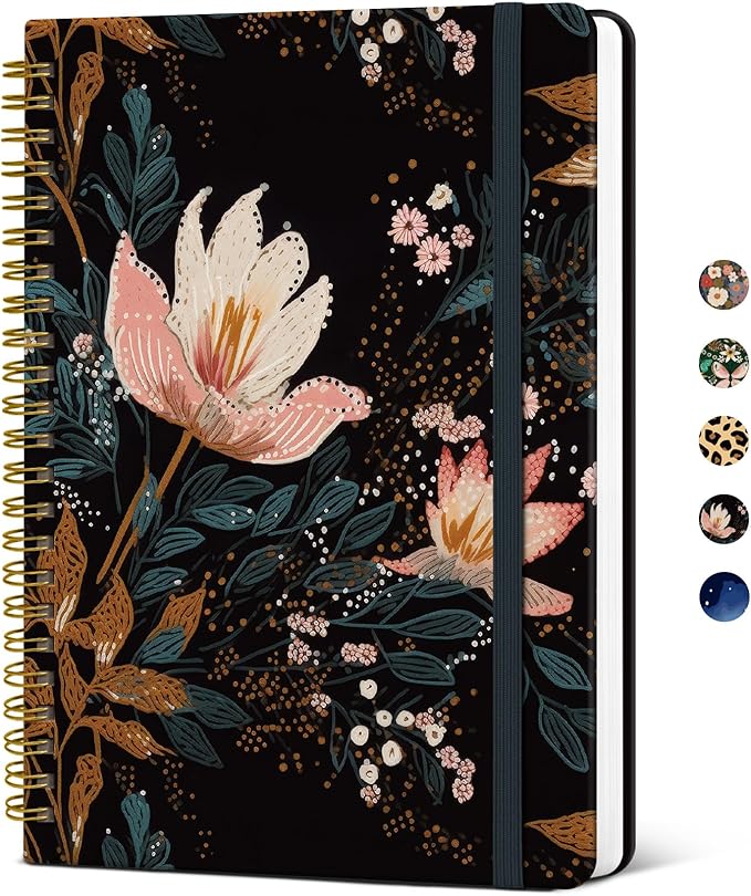 Lined Spiral Journal Notebook for Women, Cute A5 College Ruled Hardcover Notebook for Work & Note Taking, Aesthetic Pretty Journal for Writing, 140 Pages, Vintage Petals