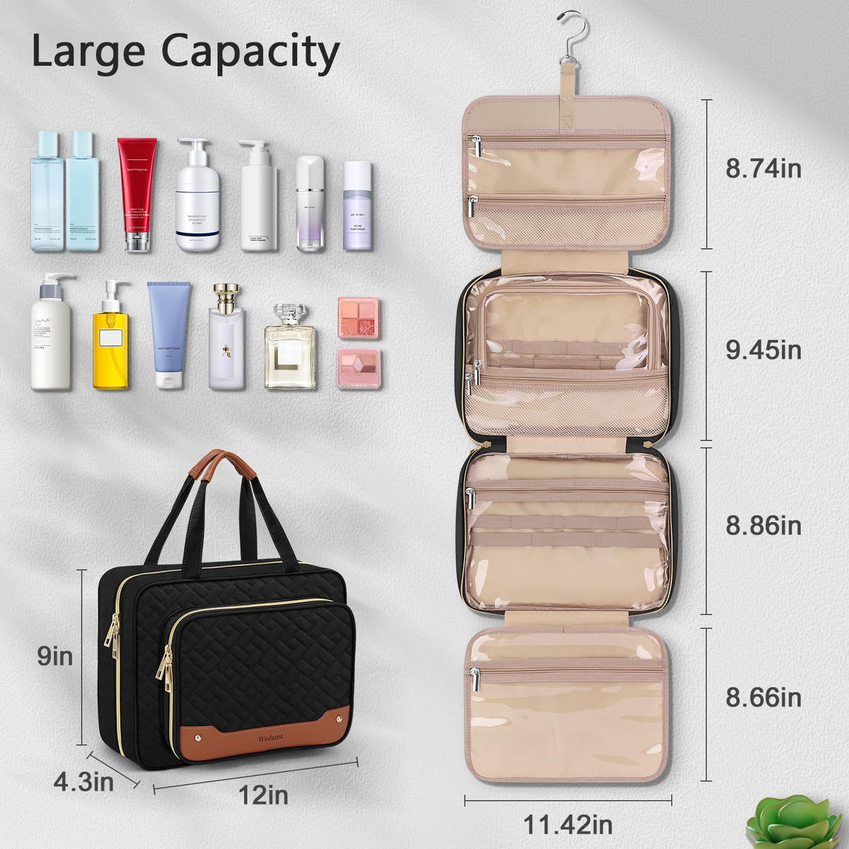 Wedama Toiletry Bag for Women, Hanging Travel Toiletry Bag with Jewelry Organizer Compartment Large Makeup Bag, PVC Waterproof Cosmetic Travel Bag for Travel Business Trips Camping Bathroom, Black