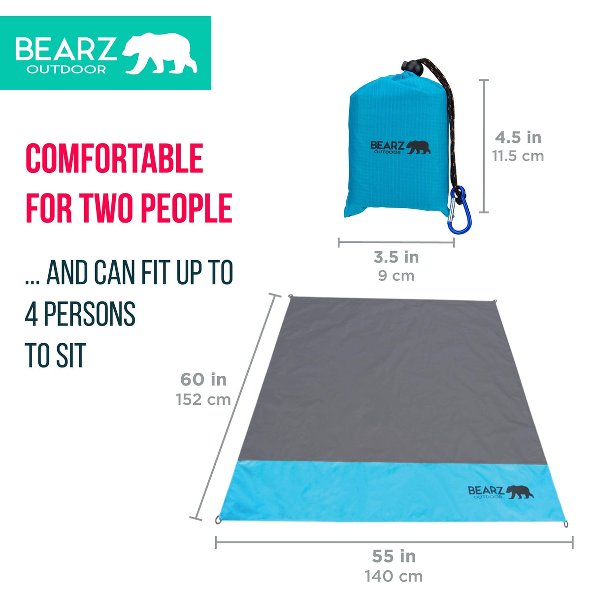 BEARZ Outdoor Pocket Blanket - Beach Blanket Waterproof Sandproof, Picnic Blankets Waterproof Foldable, Lightweight & Compact for Hiking, Camping, Travel, Festival Accessories (Blue)