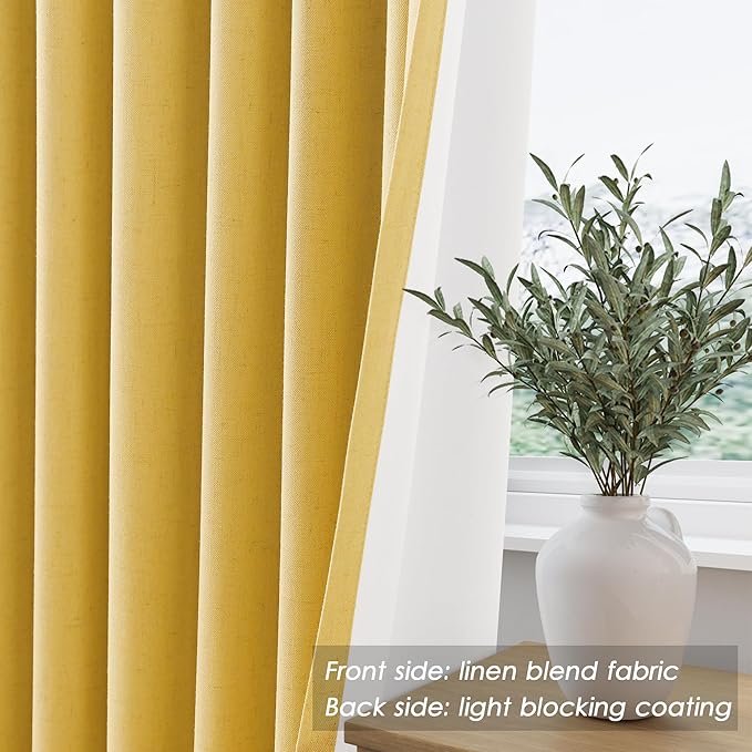 Gold Yellow Linen Curtains 120 Inches Long Back Tab Rod Pocket Thermal Insulated Noise Reducing Extra Long 10 FT Room Darkening 2 Panels Set for Living Room Elegant Modern Curtains Drapes 52x120