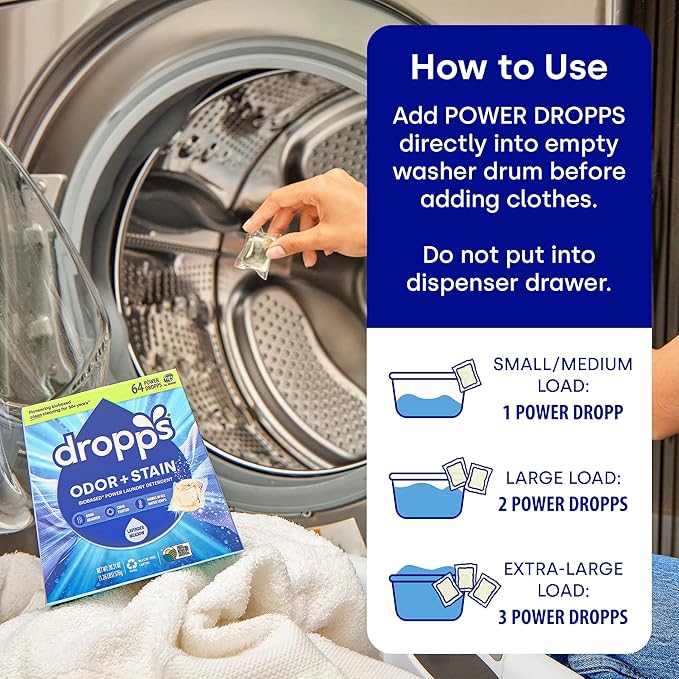 Dropps Odor & Stain Biobased Power Laundry Detergent Pods, Lavender Meadow (32 Count) - HE Compatible Laundry Pods for Fresh Clothes - Washing Detergent Soap Supplies & Recyclable Packaging