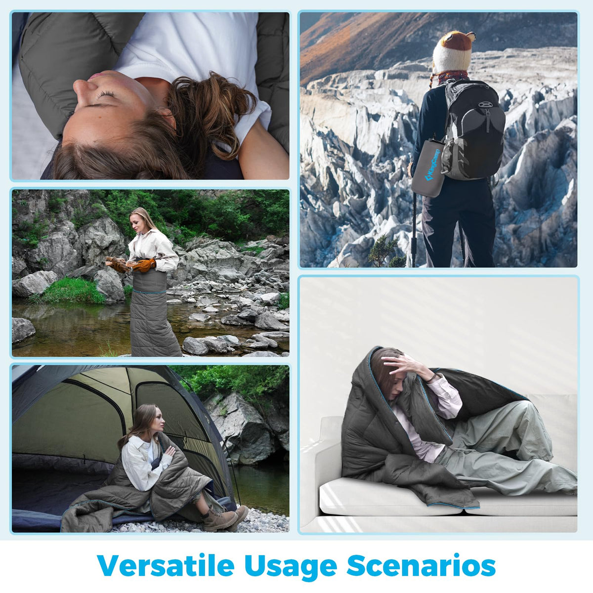 KingCamp Ultralight Camping Blanket, Packable Down Alternative Puffy Wearable Blankets Weatherproof Warm Package Quilt with Snap Buttons for Outdoor Hiking Travel Picnic Stadium (69" x 53", CHARCOAL)
