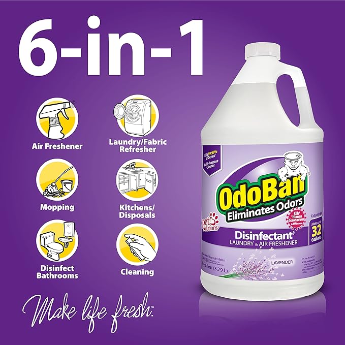OdoBan Ready-to-Use Disinfectant and Harsh Aroma Eliminator, Set of 2, 14.6 Ounce 360-Degree Continuous Spray Fabric/Air Freshener and 1 Gallon Multi-Purpose Cleaning Concentrate, Lavender Scent