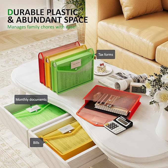 ThinkTex Plastic Expanding File Folder, Transparent envelopes with Snap Closure,No Dividers,Large Capacity,Document Organizer for Receipts, Bills&Taxes,Letter/A4 Size for School/Office/Home-3 Pack