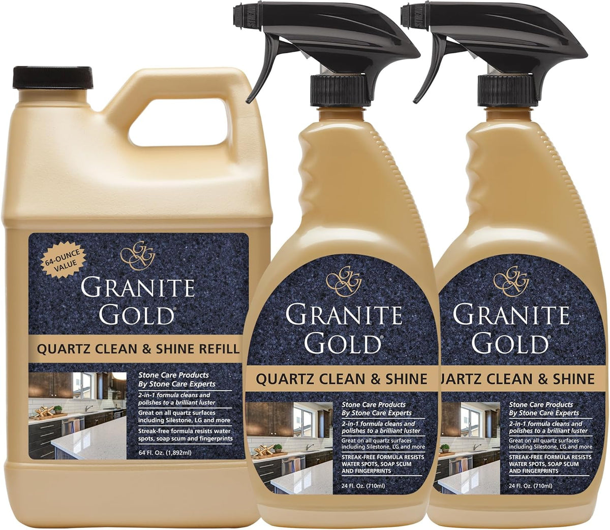 Granite Gold Quartz Clean & Shine Streak-Free Cleaner Deeps Cleans and Polishes All Quartz Surfaces Including Silestone, LG, and More, 64 Fluid Ounces and 2 x 24 Fluid Ounces