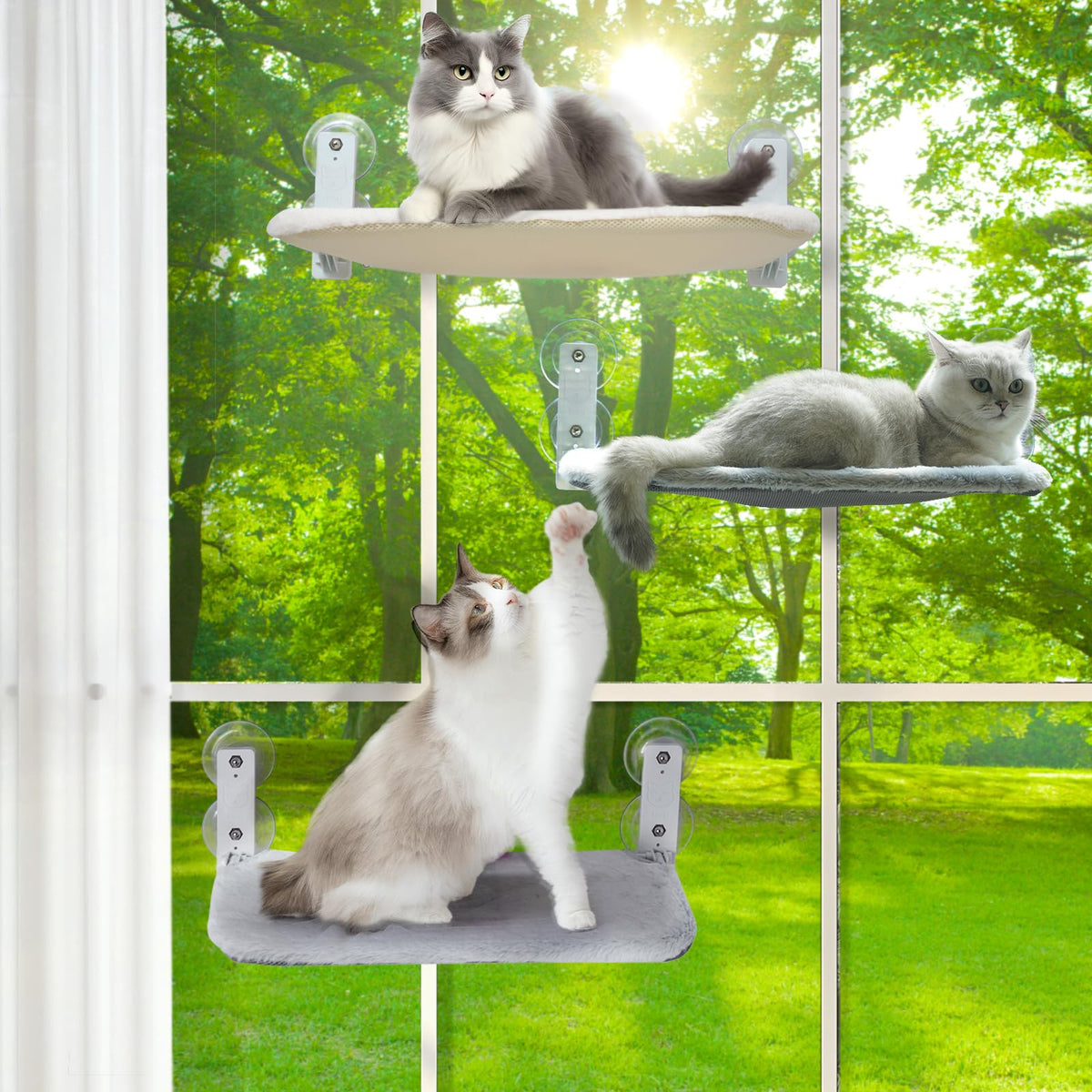 keny Cordless Cat Window Perch, Foldable Cat Window Hammock with 4 Suction Cups, Reversible Cover with Two Different Kinds of Fabrics, 40Lbs Load Capacity Sturdy Cat Window Bed for Cats Inside, Grey