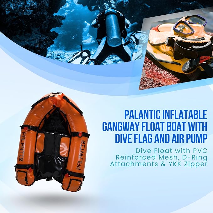 Palantic Scuba Diving Inflatable Gangway Float Boat with Dive Flag & Air Pump, Orange