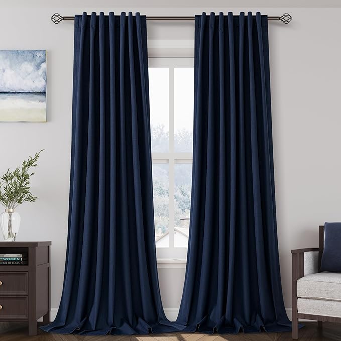 Navy Blue Linen Blackout Curtains 144 inch Length Back Tab Rod Pocket Thermal Insulated Textured Living Room Blackout Curtains 2 Panels Set 52x144