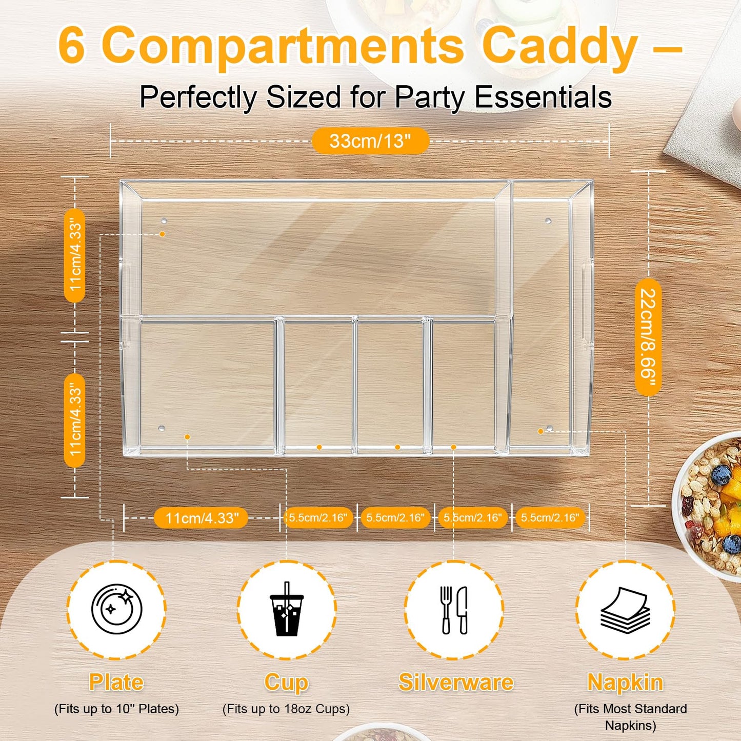 Truxwal Acrylic Paper Plate Organizer and Dispenser – 6 Compartment Plate and Utensil Caddy for Plates, Cups, Napkins and Cutlery, Ideal for Kitchen, Parties, Picnics, Weddings, and Outdoor Events