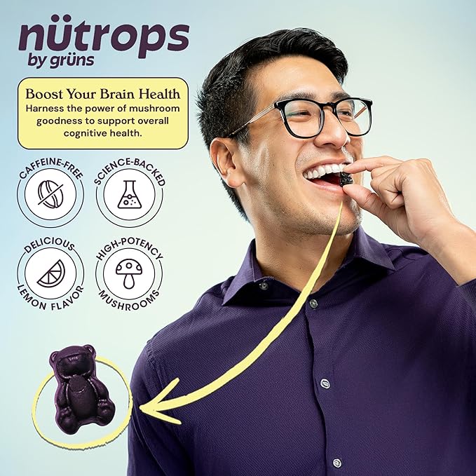 Nutrops Lions Mane Mushroom Gummies for Adults, Functional Nootropics, Herbal Brain Supplement for Energy, Brain Health, Cognitive, Memory & Focus, Reishi, Chaga, Cordyceps, Coriolus, 28 Daily Packs