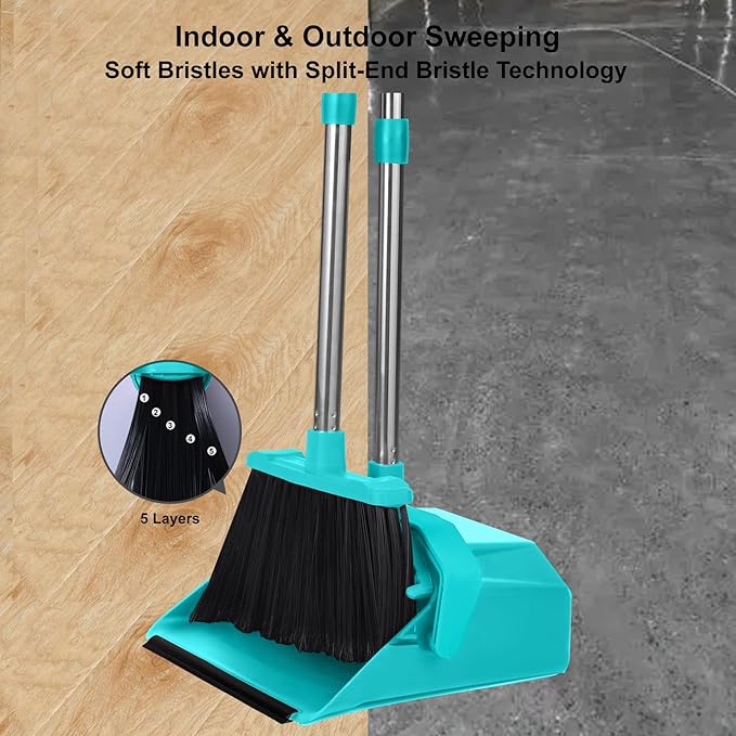Upgrade Broom with Dustpan Combo Set, Broom and Dustpan Set with 51'' Long Handle, Large Upright Brooms and Dust Pans, ZeroGap Lip, Self-Cleaning Dustpan Teeth for Lobby and Restaurant - Blue