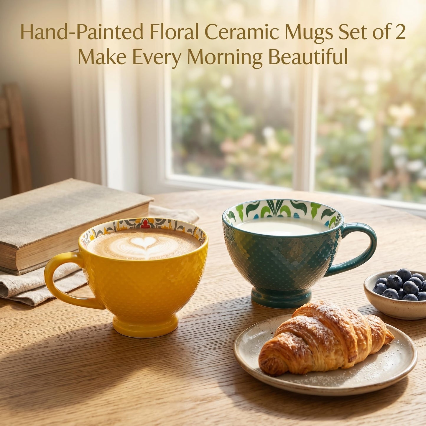 Topadorn Ceramic Coffee Mugs with Handle Set of 2, Hand-Painted Floral Pattern Ceramic Soup Mugs for Salad, Cappuccino, Cereal, Milk, Latte, Tea, Cocoa, Breakfast Oatmeal Cups(Green & Yellow)
