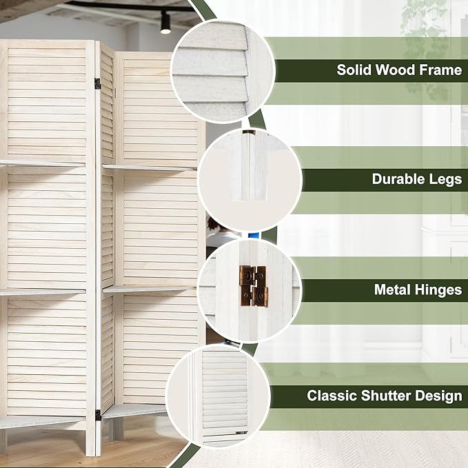 NicBex 4 Panel Room Divider,5.6FT Wood Carved Room Dividers with Display Shelves Folding Privacy Screens Portable Freestanding Partition Wall Dividers for Room Separation,Home Bedroom Office,White
