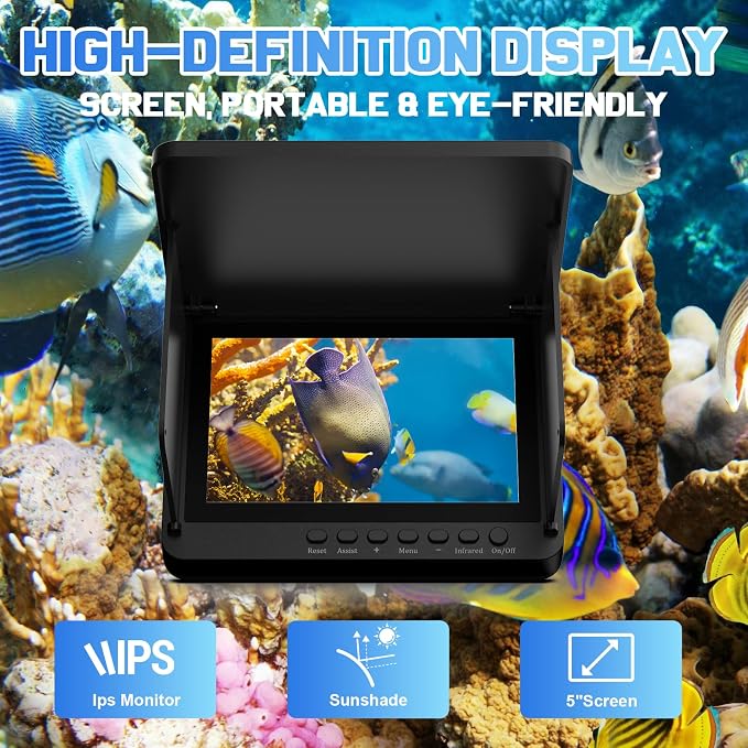 5" IPS Fish Finder for Boat with 6000mAh,1080 HD Underwater Fishing Camera,220°Wide Angle,IP68 Waterproof,30M/100FT Ice Fishing Camera with 8 High Brightness IR LEDs for Lake Fishing