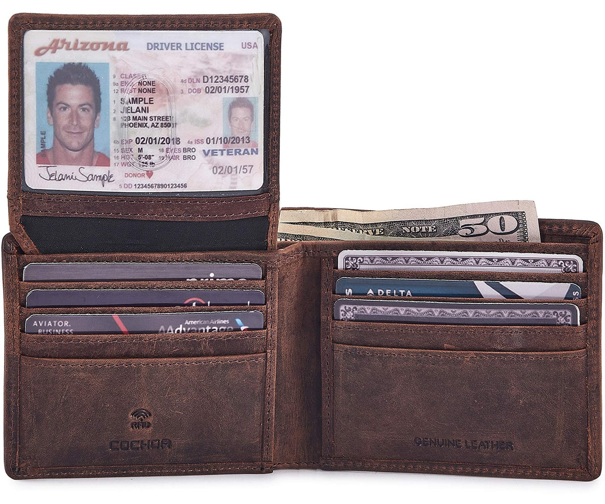 Bifold Wallet for Men's Real Genuine Slim Leather RFID Blocking 2 ID Windows Stylish Travel Gift Box (CRAZY HORSE, COGNAC)