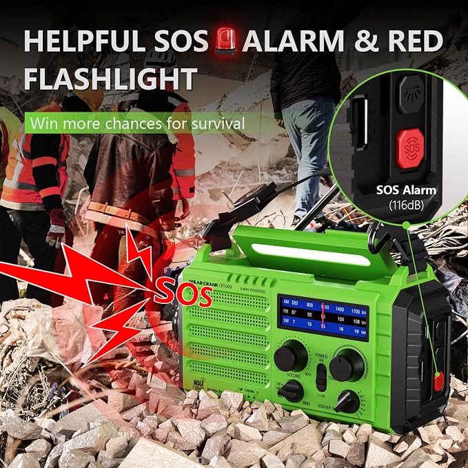 NOAA-Certified Emergency Weather Radio, AM/FM Portable Solar Hand Crank Powered with Flashlight & Reading Lamp for Emergency, Rechargeable Battery, SOS Alarm, Cell Phone Charger for Outdoor & Home Use