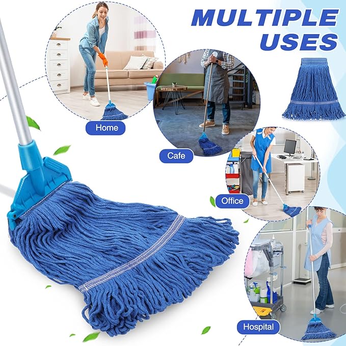 16 Pcs Commercial Mop Head Replacements 27.6 Inch Blue Looped End Heavy Duty Mop Heads Cotton String Industrial Cleaning Washable Mophead Refills for Commercial Industrial Home Cleaning