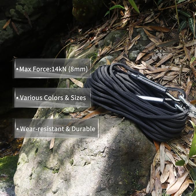 NewDoar 14KN Static Climbing Rope 8mm(5/16in) Accessory Cord Equipment 33FT(10M) 66FT(20M) 98FT(30M) 165FT(50M) Escape Rope with 2 Carabiners for Ice Climbing Equipment Fire Rescue Rope-Black/50M
