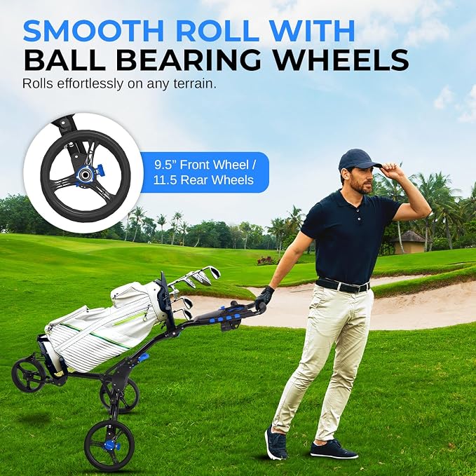 SereneLife Golf Push Pull Cart – Lightweight, Foldable, Bag Holder with Adjustable Handle, Caddy Accessories, Compact Folding Golf Trolley for Travel