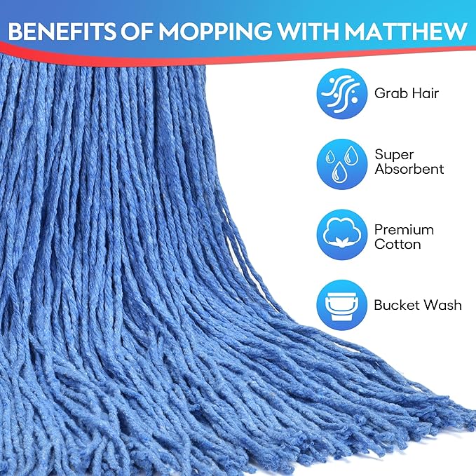 Matthew Cleaning 20oz 3Pack Cotton Floor Mop,Cotton Looped-Open String Heavy Duty String Refills, Universal Headband Blend Material,Mop Head Replacement for Home, Industrial and Commercial Use(Blue)