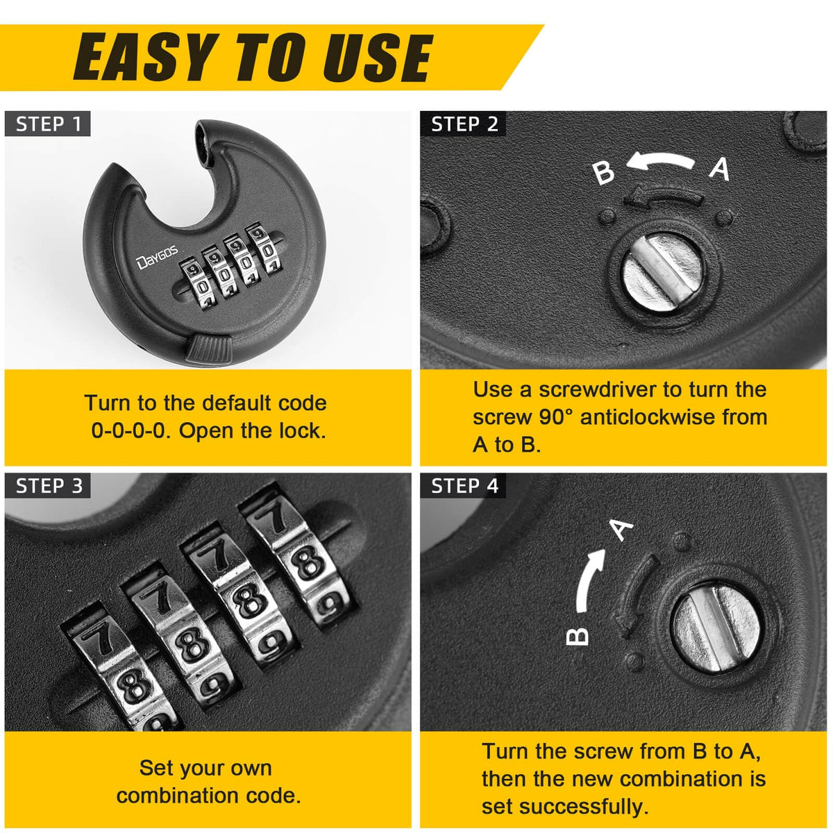DAYGOS Combination Disc Padlocks for Outdoor - Heavy Duty 4 Digit Code Lock, Combo Discus Lock for Storage Unit,Gate,Fence,Traile(3/8-in Shackle,1PCS,Black)
