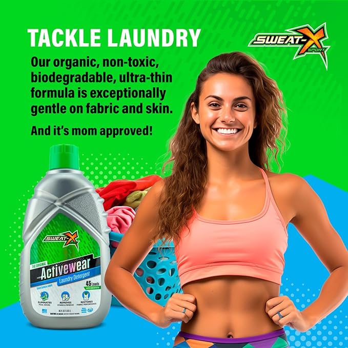 Sweat X Original Activewear Laundry Detergent – Remove the Worst Odors & Toughest Stains – High Performance Sports Wash for Training Gear & All Fabric Types – 45 Loads/Bottle – 4 Pack