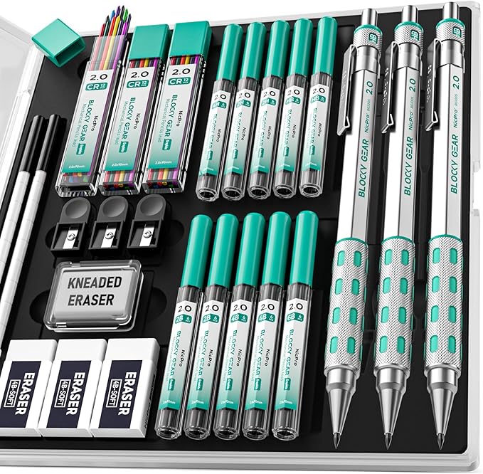 Nicpro 2mm Mechanical Pencils in Case, 3 Pack Blocky Gear Metal Drafting Lead Holder with 13 Tubes 2mm Lead Refills (HB 2B 2H 4B 4H 6B & Colors), Erasers for Carpenter Writing Drawing Woodworking