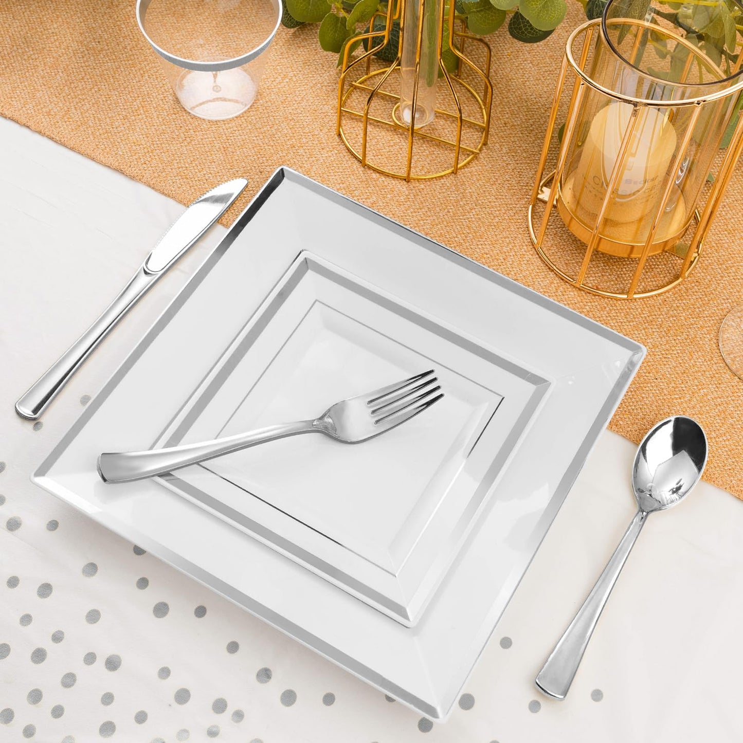 Goodluck 352 Pieces Silver Dinnerware Set for 50 Guests, Square Plastic Plates with Silver Trim, Include: 100 Plastic Plates, 50 Rolled Napkins, 50 Cups, 50 Cutlery Set and 2 Tablecloth
