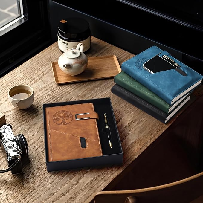 Lined Notebook Journal for Men Women, 365 Pages Numbered College Ruled Notebook, Hardcover Leather Journal with Pen & Gift Box, Thick Daily Diary, Professional Notebooks for Work, School, Business, A5