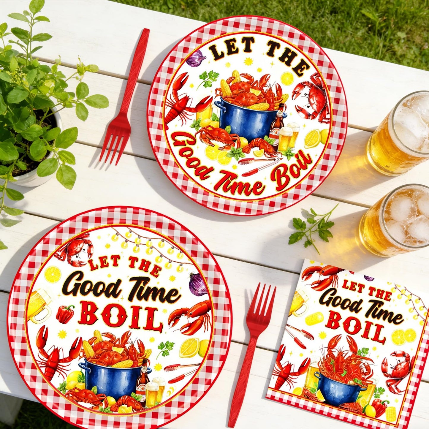 Gameza Seafood Boil Party Supplies - 96PCS Seafood Boil Party Plates and Napkins Forks Tableware Disposable Set, Crawfish Crab Shrimp Summer Birthday Decor Supplies, Serve 24