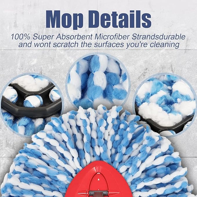 RinseClean Spin Mop Head Refill for Vileda EasyWring 2-Tanks System - Rotating Microfiber Triangle Replacement Pads Washable & Reusable fit All Floor - 6 Cloth 1 Mop Base