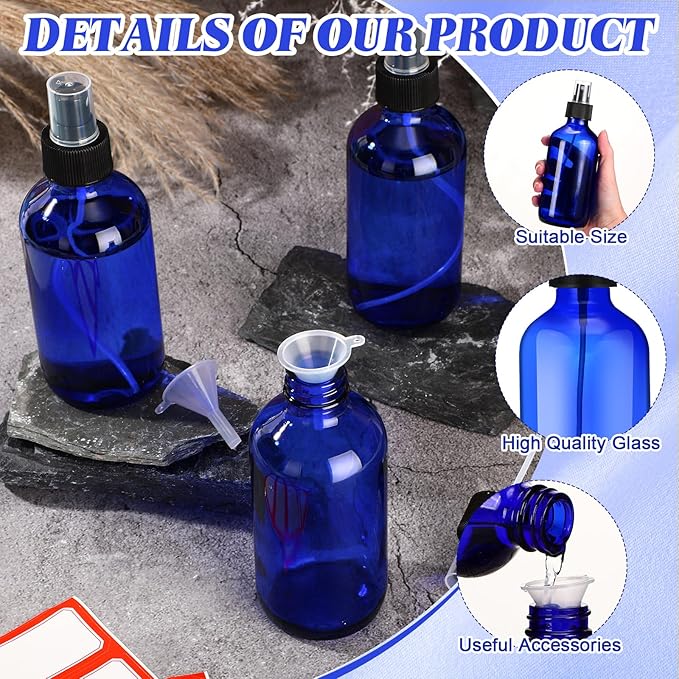 Norme 12 Pcs 8 oz Glass Spray Bottles with Funnels and Labels Refillable Cosmetic Empty Spray Bottles with Sprayer Containers for Essential Oil Cleaning Solutions(Blue,Stylish)