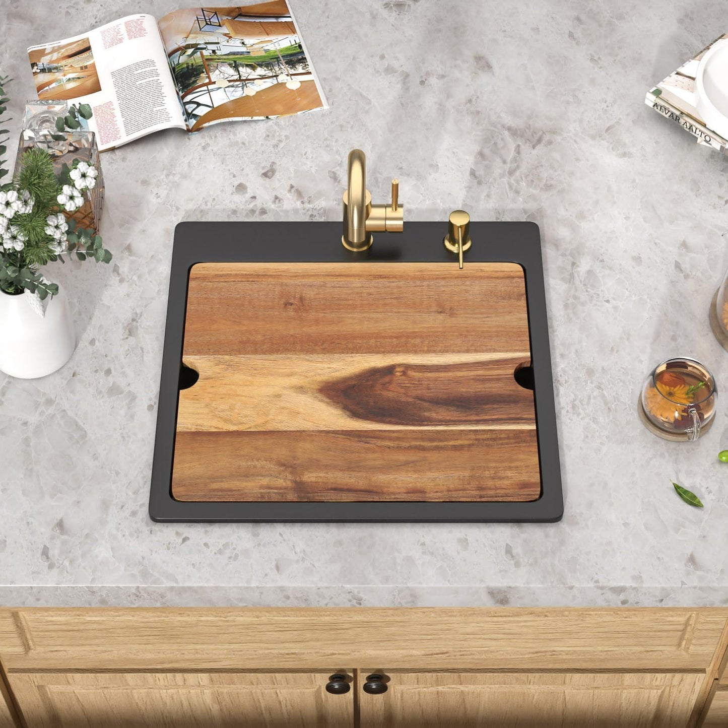 Talllor 21 Inch Drop In Bar Sink - Matte Black Granite Composite Workstation Single Bowl Small Prep Wet Sink with All-In One Gold Accessories & Cutting Board for RV, Kitchen Bar, and Boat#TLGT-130
