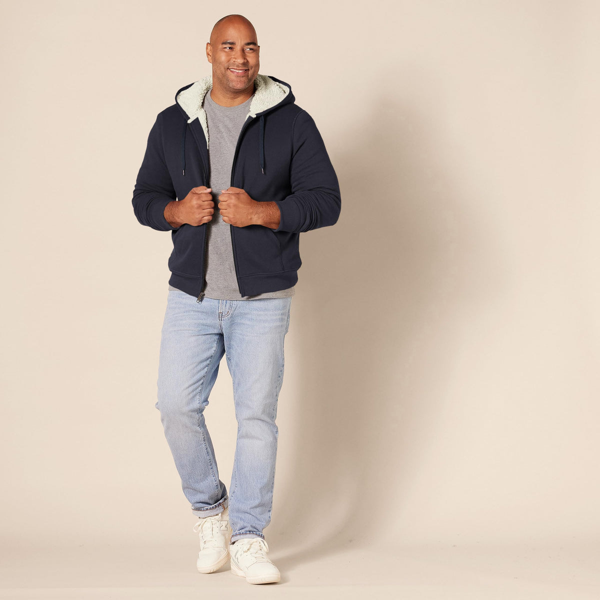 Amazon Essentials Hoodie For Men, Sherpa-Lined Full-Zip Fleece Sweatshirt, Small, Navy