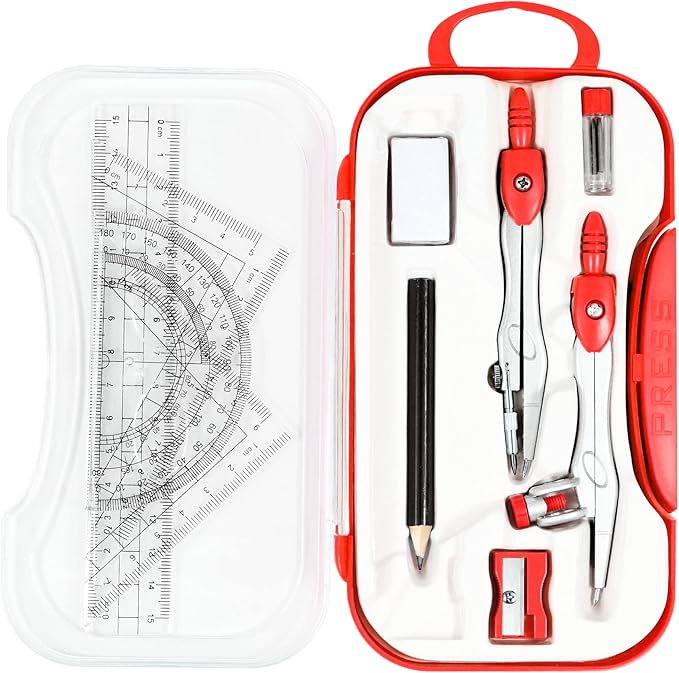 10 Pieces Math Geometry Kit Set Student Supplies with Shatterproof Storage Box,Includes Rulers,Protractor,Compass,Eraser,Pencil Sharpener,Lead Refills,Pencil,for School and Drawings（Red）