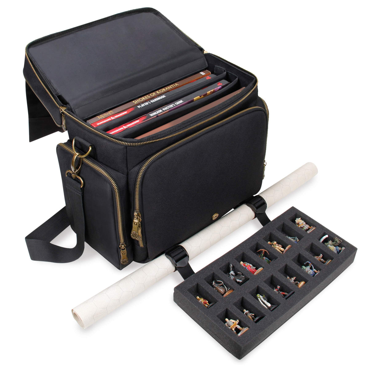 ENHANCE Tabletop DnD Bag - RPG Adventurer's Dungeons and Dragons Accessories Bag with Miniatures Storage, Mat Holder, DnD Dice & Token Pockets, Fits 4-8 Books, DM's Guide, Player's Handbook (Black)