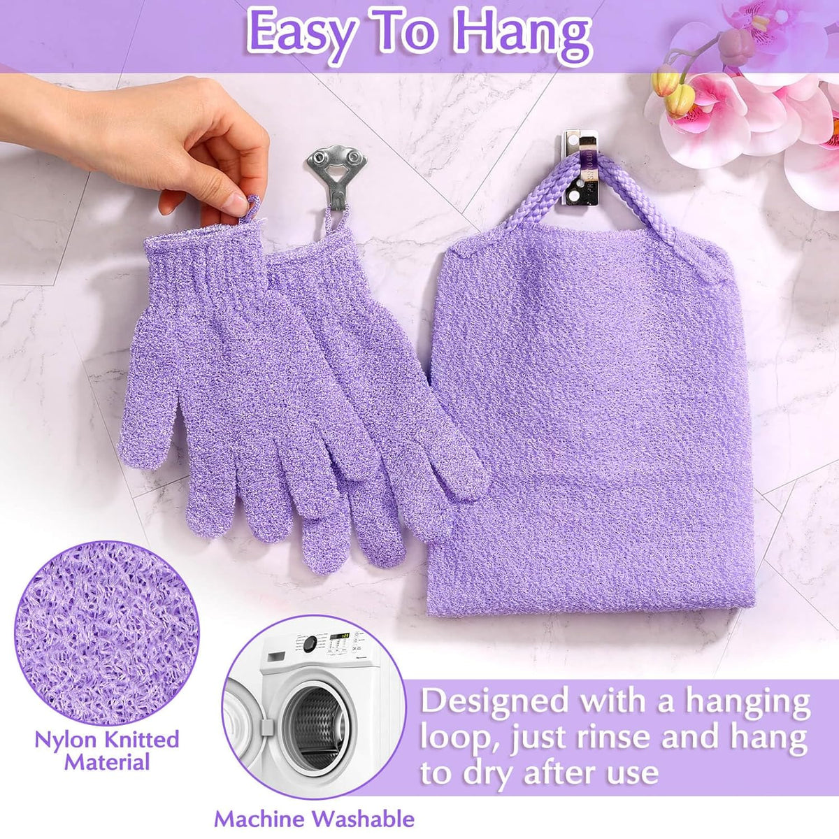 Anezus Exfoliating Back Scrubber Bath Gloves Set, Exfoliating Shower Towel with Shower Gloves for Body Scrub, Back Cleaner Wash Gloves to Remove Dead Skin (Purple)