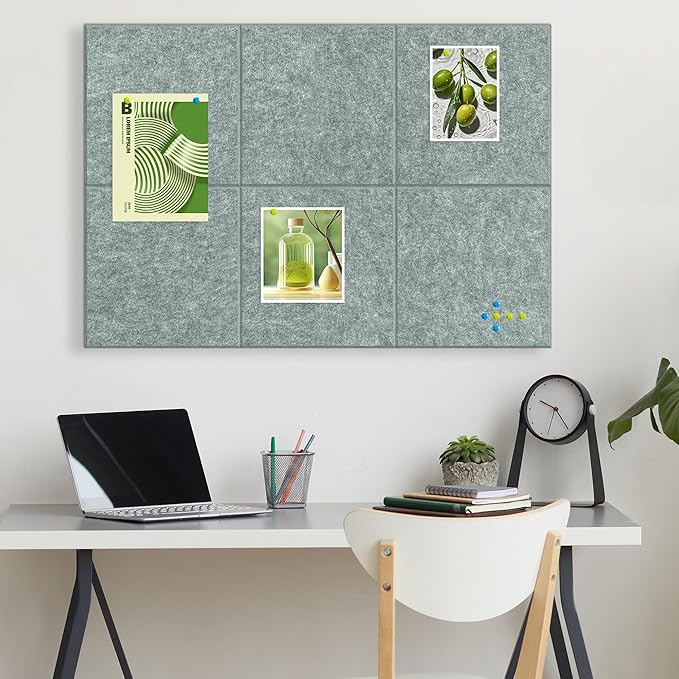 AKTOP Cork Board Bulletin Board 24"x36", 6 Pack Removable Felt Cork Board Tiles for Wall, Large Corkboard Notice Pin Board for Office, School & Home,24 Safe Adhesive Tabs, 20 Push Pins, Grey