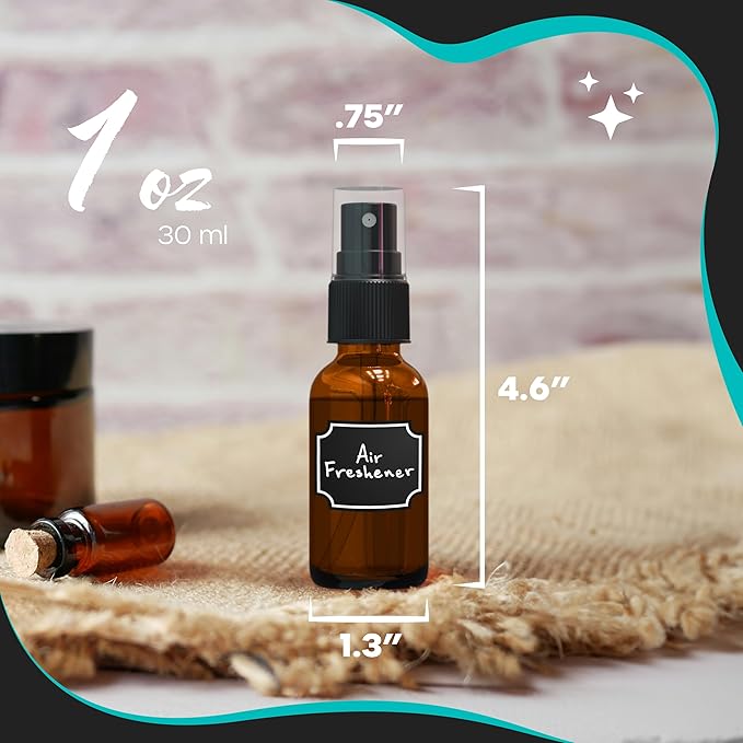 Nevlers 1oz Amber Glass Spray Bottles for Essential Oils 48 Pack | Ultra Fine Mist Spray Bottle for Face, Hair & Body | Travel Perfume Atomizer Set with Shrink Wrap, Labels, Marker, Funnel & Brush