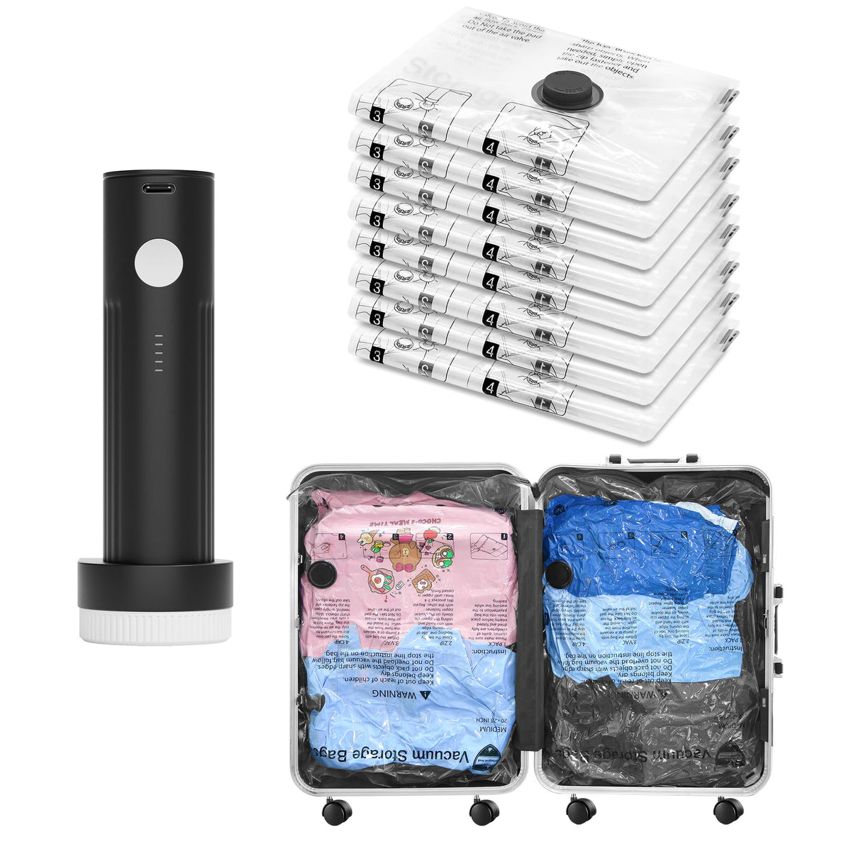SUOCO Travel Vacuum Bags for Luggage with Portable Electric Pump, 8 Small Packing Seal Bags for Clothing Suitcase Backpack, Space Saver Compression Clothes Storage Bag