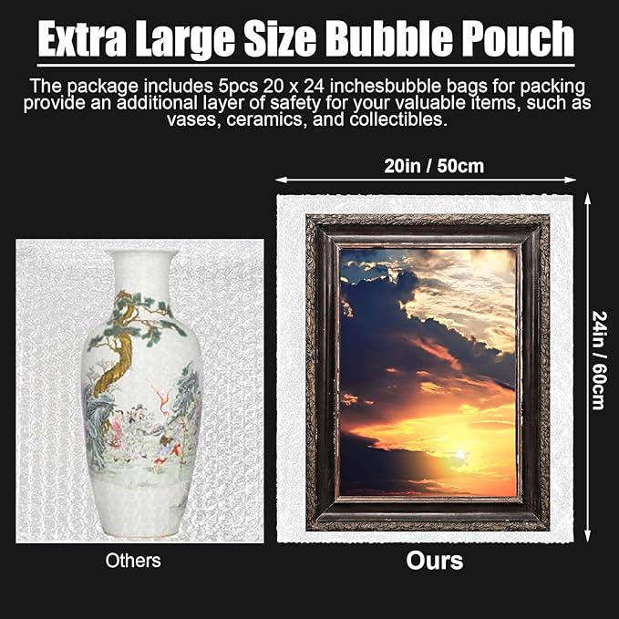 5 Pack Extra Large Bubble Pouches 20 * 24 Inch Clear Bubble Pouch Wrap Bags for Packing Shockproof Cushioning Wrap Bag for Shipping Moving Fragile Dishes China Plates Painting Fragile Items