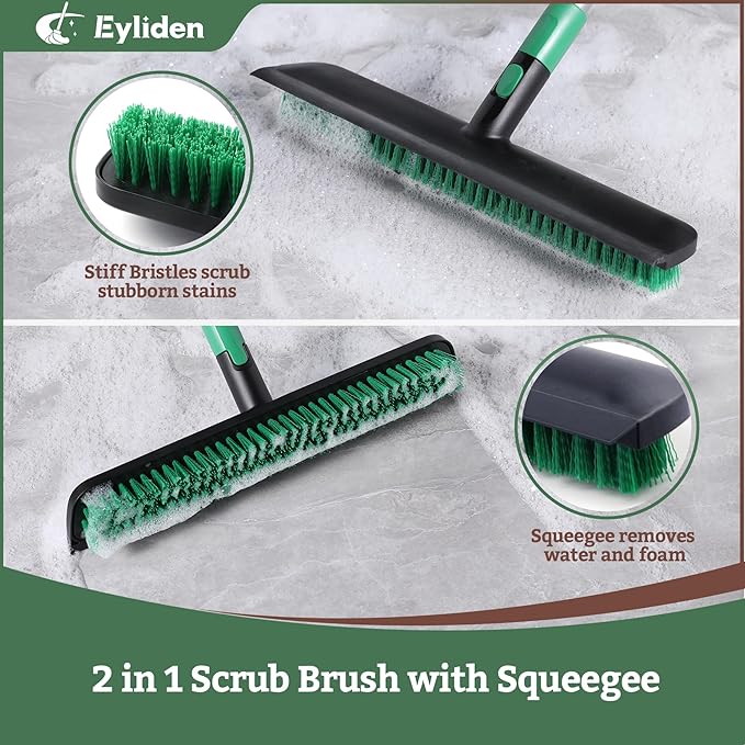 Eyliden X-Large Floor Scrub Brush, 2 in 1 Scrape Brushes with Rubber Squeegee | 55.3" Long Handle, 15" Wide Stiff Bristle Head | Floor Scrubber for Deck Kitchen Shower Bathroom Tub Tile Patio Wall
