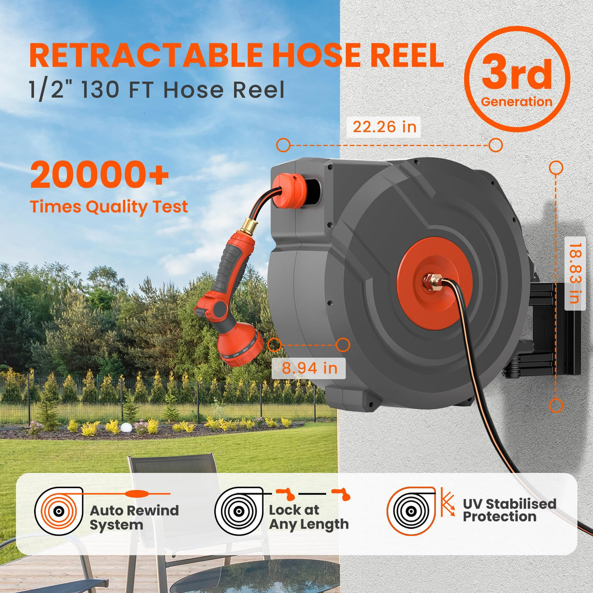 3rd Generation Retractable Garden Hose 130 ft x 1/2 inch Heavy Duty Wall-Mounted Hose Reels for Outside 180° Swivel Automatic Slow Return Any Length Lock 9 Pattern Nozzle UV Resistant (Black)