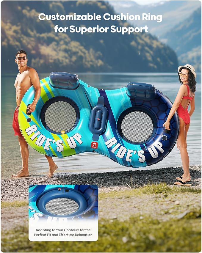 QPAU Inflatable Double River Tube, 2 Person 660lb Capacity, Puncture-Resistant 93" Sturdy Heavy Duty River Float, River Raft with Ergonomic Backrest, Cooler & Cup Holders for Family