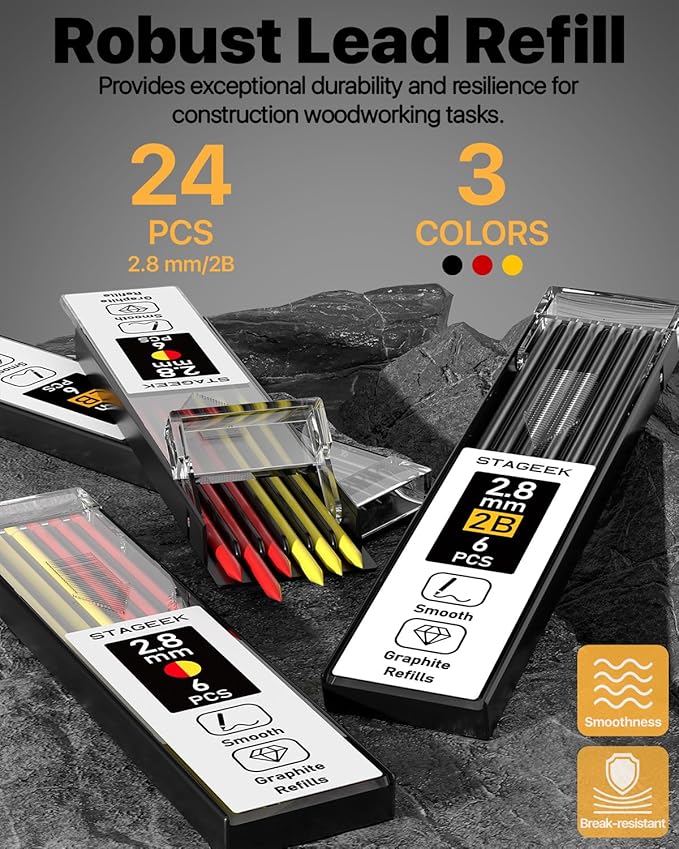 2PCS Carpenter Pencils with Sharpener, Heavy Duty Woodworking Tools, Mechanical Pencil Set with 26 Refills, Deep Hole Long Nib Marker Pens for Architect Marking with Case (Black, Red)